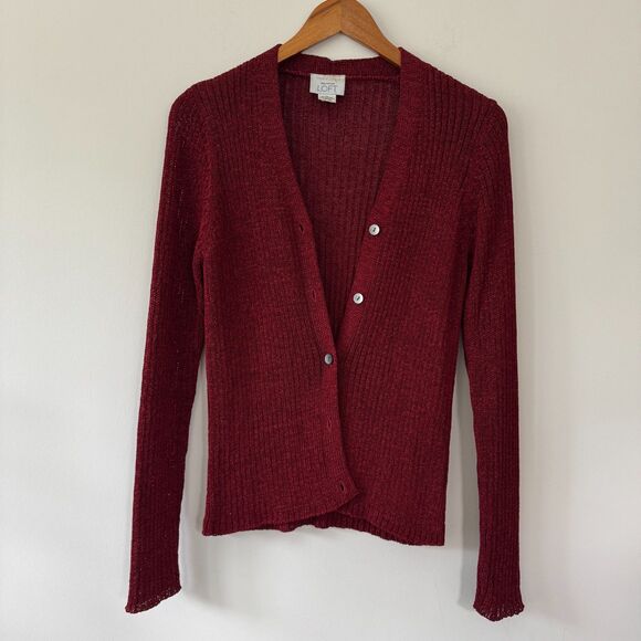 Ann Taylor LOFT Burgundy Ribbed Knit Cardigan Size Medium - Picture 2 of 6